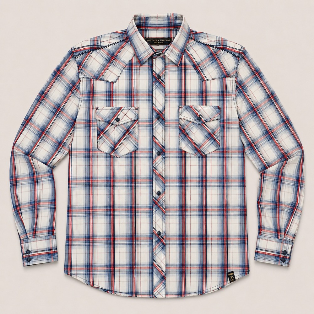 Surplus Mens XXL Western Pearl Snap Shirt Plaid White Red Blue Long Sleeve